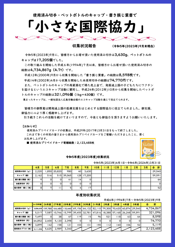 小さな国際協力」：使用済み切手、ペットボトルのキャップ、書損じ葉書