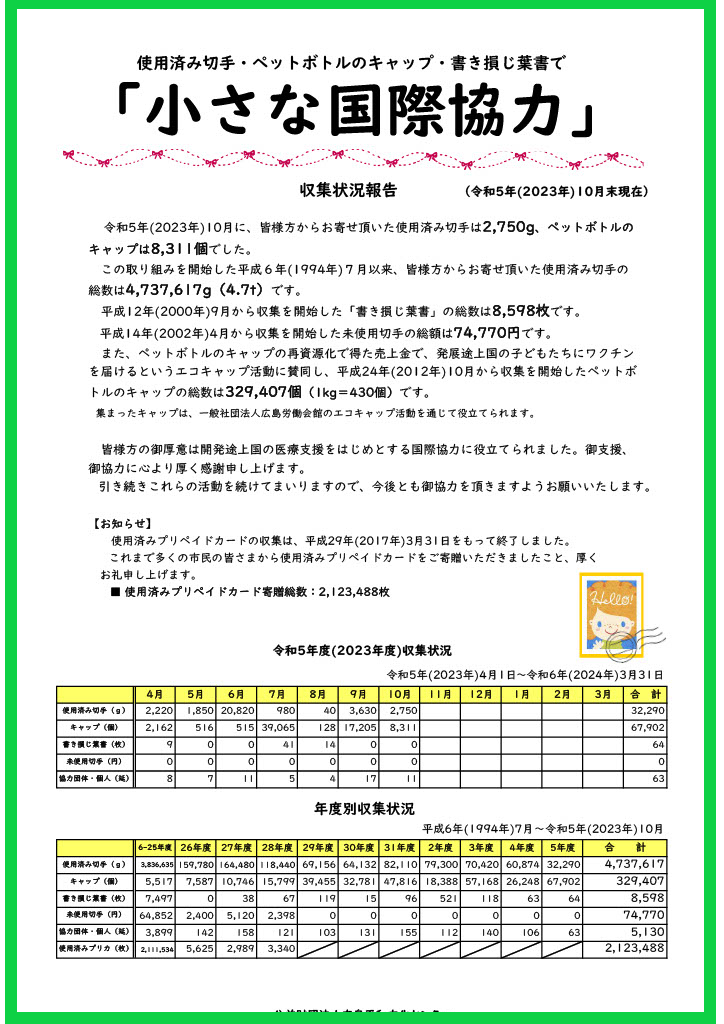 小さな国際協力」：使用済み切手、ペットボトルのキャップ、書損じ葉書